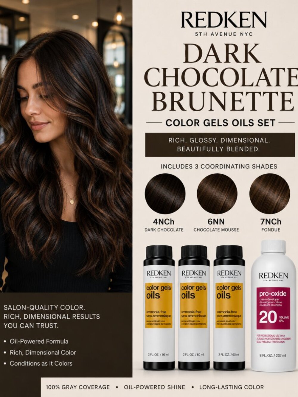 Redken Color Gels Oils Dark Chocolate Brunette Hair Color Kit + 20 Vol Developer